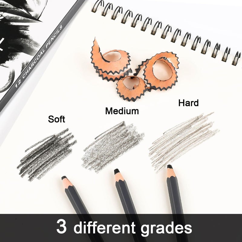 Sunshilor Professional Charcoal Pencils Drawing Set, 12 Pieces Soft Medium Hard Charcoal Pencils for Drawing, Sketching, Shading, Artist Pencils for Beginners & Artists - Image 3